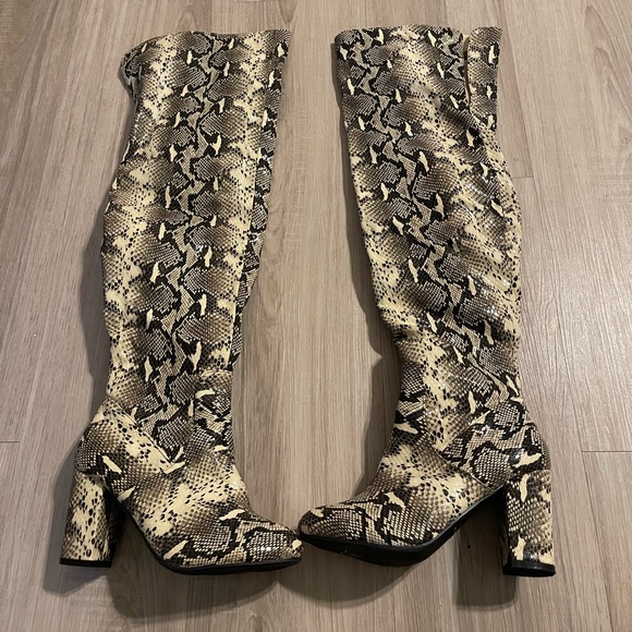 Shoes | Snake Print Knee High Block Heel Boot Euc | Poshmark